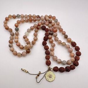 39" of solid peach moonstone, and Rudraksha Mala beaded necklace!